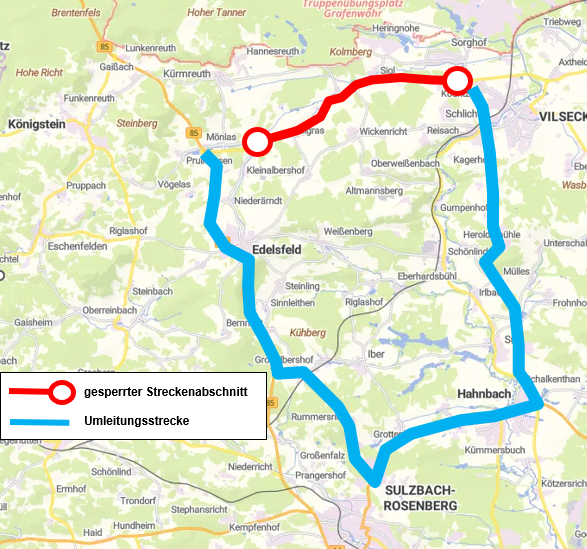 Umleitungsstrecke für die Vollsperrung der St2166 zwischen Mönlas und Vilseck (Bild: Staatliches Bauamt Amberg-Sulzbach)