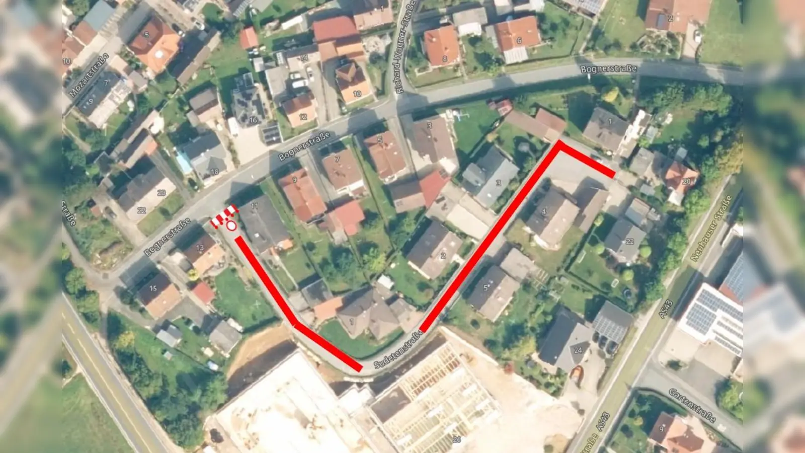 Die Sudetenstraße in Auerbach wird wegen Kanalsanierungsarbeiten bis zum 21. August gesperrt.  (Grafik: Stadt Auerbach)