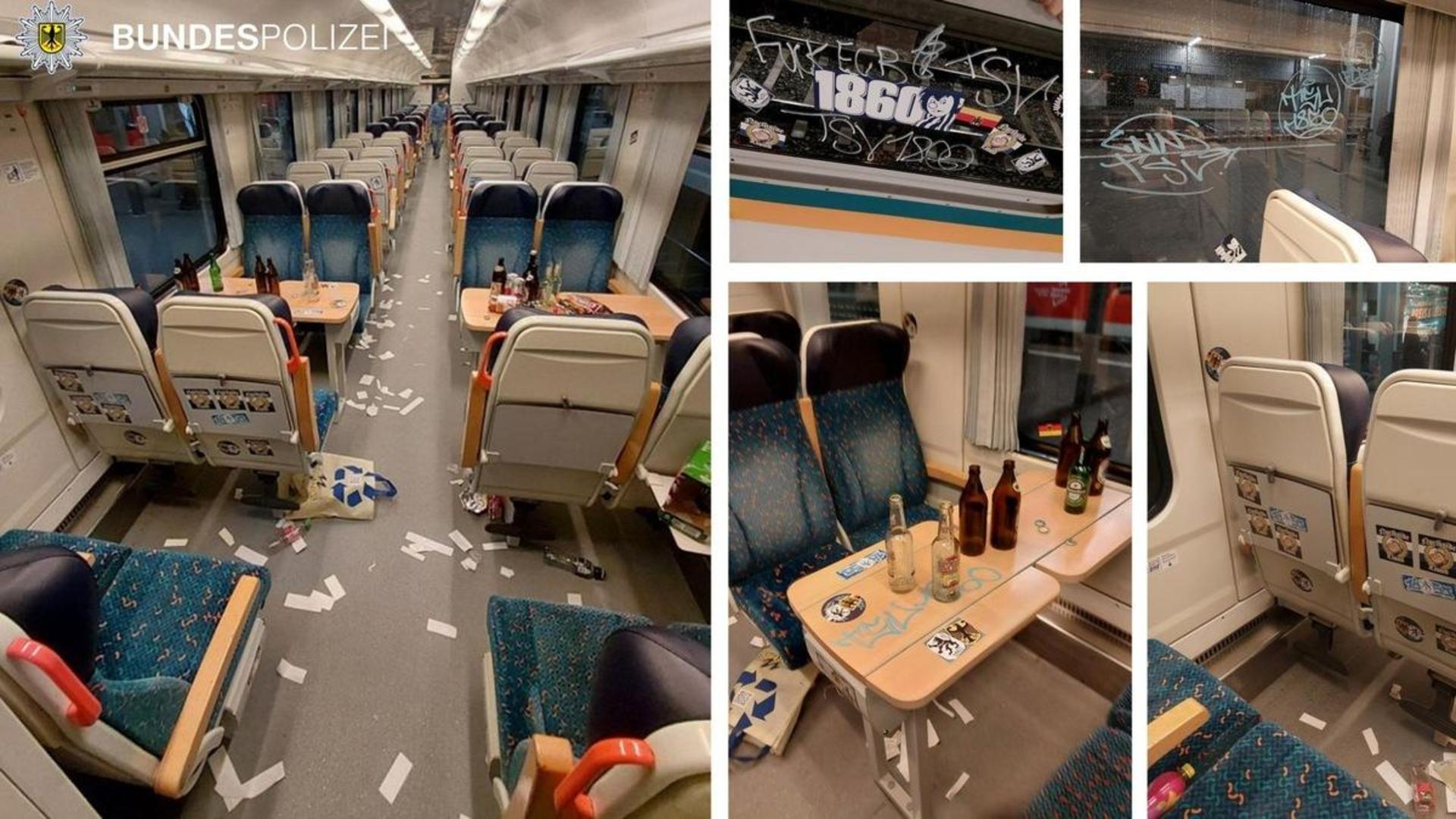TSV-1860-Fans beschädigen die Einrichtung einer Regionalbahn nach einem Fußballspiel in Regensburg. (Bild[M]: Bundespolizei)