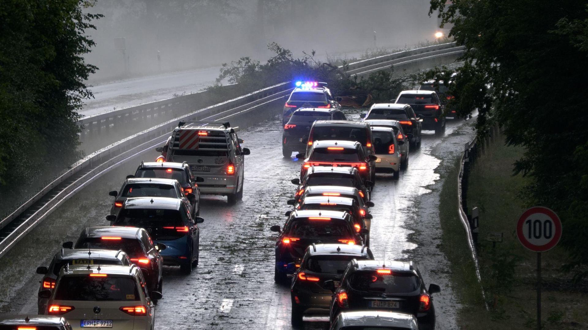 Die Polizei leitet den Verkehr auf der Bundesstraße 4 bei Erlangen-Tennenlohe an umgestürzten Bäumen vorbei. (Bild: Bernd März/Fotoreportextremwetter.tv/dpa)
